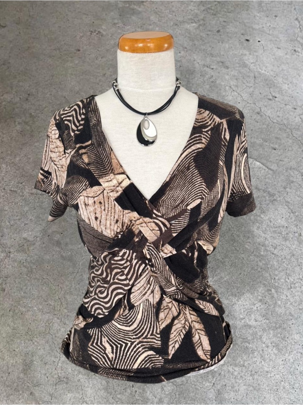 Simons Black & Cream Abstract Wrap-Style Short Sleeve Top